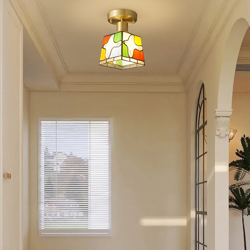 Traditional Tiffany Square Stained Glass Pigeon 1-Light Semi-Flush Mount Ceiling Light For Hallway