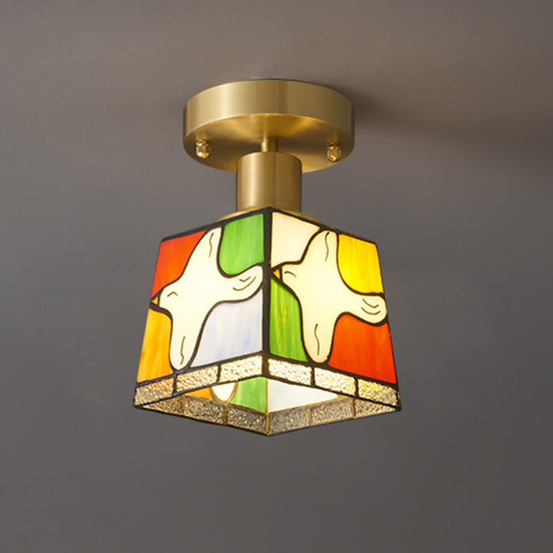 Traditional Tiffany Square Stained Glass Pigeon 1-Light Semi-Flush Mount Ceiling Light For Hallway