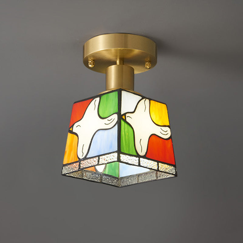 Traditional Tiffany Square Stained Glass Pigeon 1-Light Semi-Flush Mount Ceiling Light For Hallway