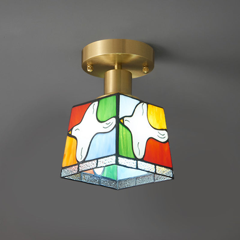 Traditional Tiffany Square Stained Glass Pigeon 1-Light Semi-Flush Mount Ceiling Light For Hallway