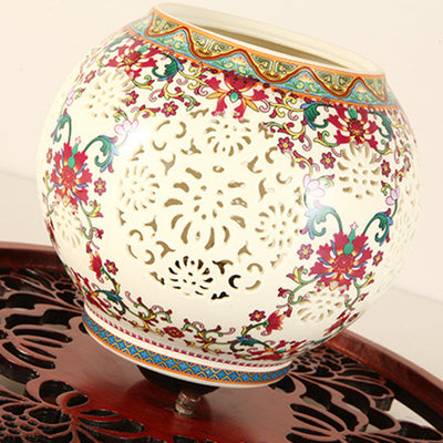 Traditional Chinese Solid Wood Engraving Flower Pattern Ceramic Ball 1-Light Semi-Flush Mount Ceiling Light For Hallway