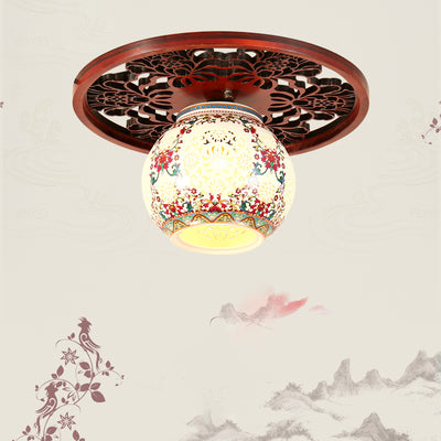 Traditional Chinese Solid Wood Engraving Flower Pattern Ceramic Ball 1-Light Semi-Flush Mount Ceiling Light For Hallway