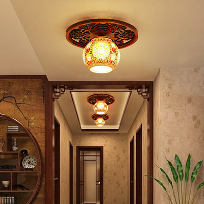 Traditional Chinese Solid Wood Engraving Flower Pattern Ceramic Ball 1-Light Semi-Flush Mount Ceiling Light For Hallway