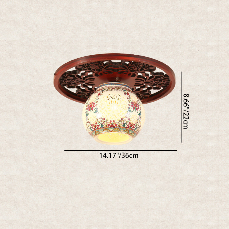 Traditional Chinese Solid Wood Engraving Flower Pattern Ceramic Ball 1-Light Semi-Flush Mount Ceiling Light For Hallway