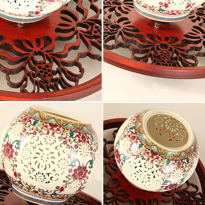 Traditional Chinese Solid Wood Engraving Flower Pattern Ceramic Ball 1-Light Semi-Flush Mount Ceiling Light For Hallway