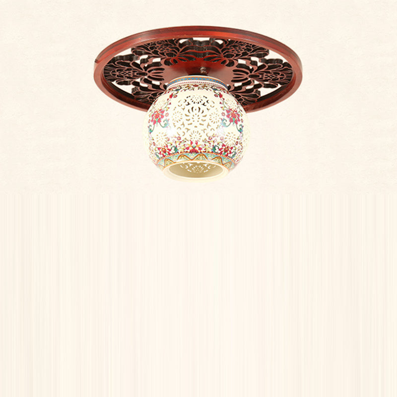 Traditional Chinese Solid Wood Engraving Flower Pattern Ceramic Ball 1-Light Semi-Flush Mount Ceiling Light For Hallway