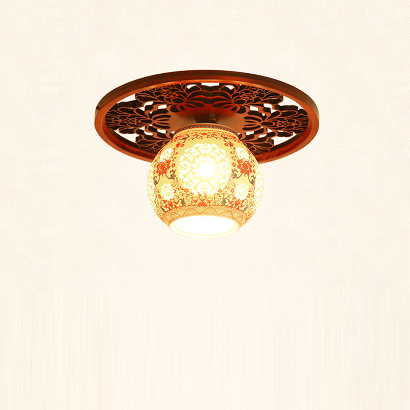 Traditional Chinese Solid Wood Engraving Flower Pattern Ceramic Ball 1-Light Semi-Flush Mount Ceiling Light For Hallway