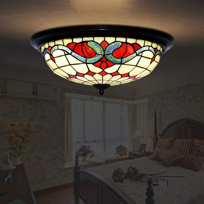 Traditional Tiffany Baroque Stained Glass Hardware Dome 3-Light Flush Mount Ceiling Light For Living Room