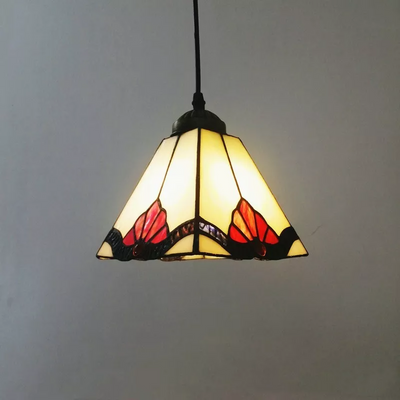 Traditional Tiffany Stained Glass Geometric Pattern Pyramid Shade 1-Light Pendant Light For Living Room