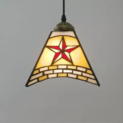 Traditional Tiffany Stained Glass Geometric Pattern Pyramid Shade 1-Light Pendant Light For Living Room