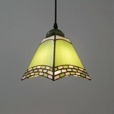 Traditional Tiffany Stained Glass Geometric Pattern Pyramid Shade 1-Light Pendant Light For Living Room