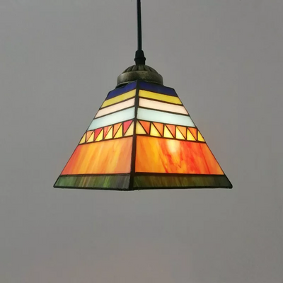 Traditional Tiffany Stained Glass Geometric Pattern Pyramid Shade 1-Light Pendant Light For Living Room