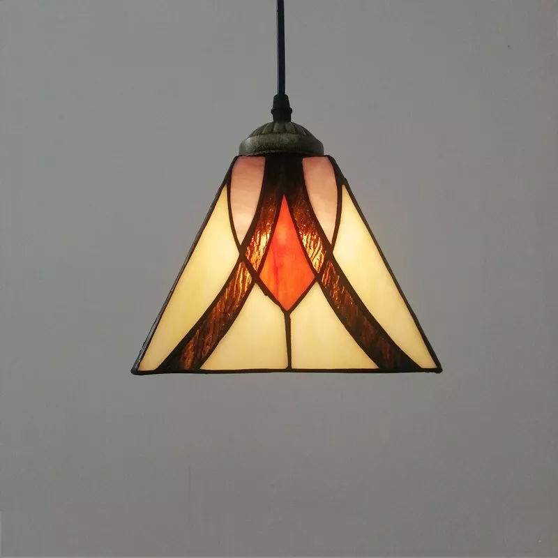 Traditional Tiffany Stained Glass Geometric Pattern Pyramid Shade 1-Light Pendant Light For Living Room