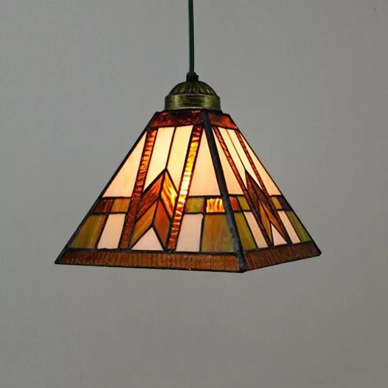 Traditional Tiffany Stained Glass Geometric Pattern Pyramid Shade 1-Light Pendant Light For Living Room