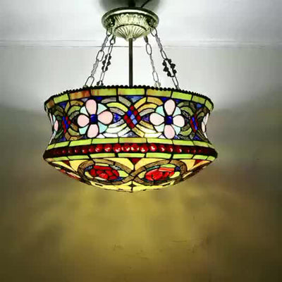 Traditional Tiffany Rose Flower Pattern Stained Glass Cylinder 5-Light Chandelier For Living Room