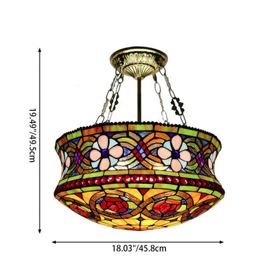 Traditional Tiffany Rose Flower Pattern Stained Glass Cylinder 5-Light Chandelier For Living Room