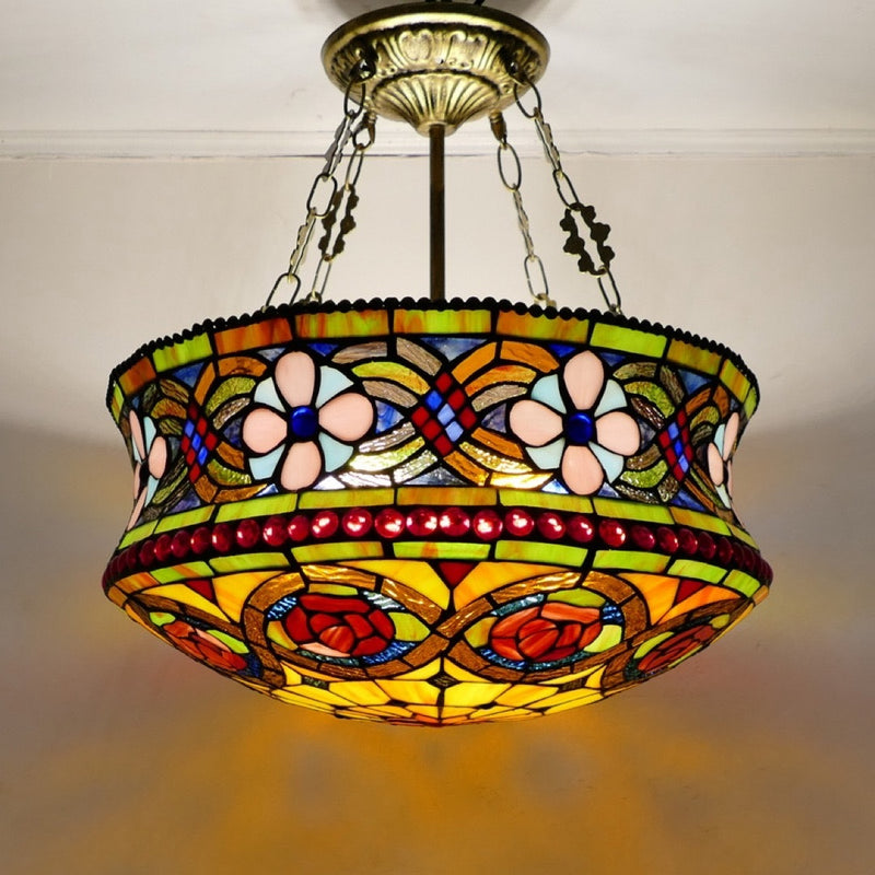 Traditional Tiffany Rose Flower Pattern Stained Glass Cylinder 5-Light Chandelier For Living Room