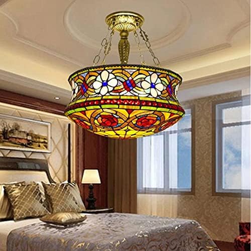 Traditional Tiffany Rose Flower Pattern Stained Glass Cylinder 5-Light Chandelier For Living Room