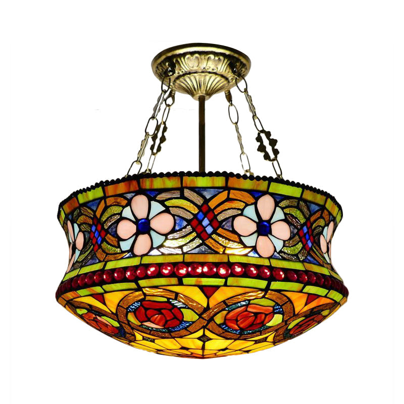 Traditional Tiffany Rose Flower Pattern Stained Glass Cylinder 5-Light Chandelier For Living Room