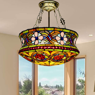 Traditional Tiffany Rose Flower Pattern Stained Glass Cylinder 5-Light Chandelier For Living Room