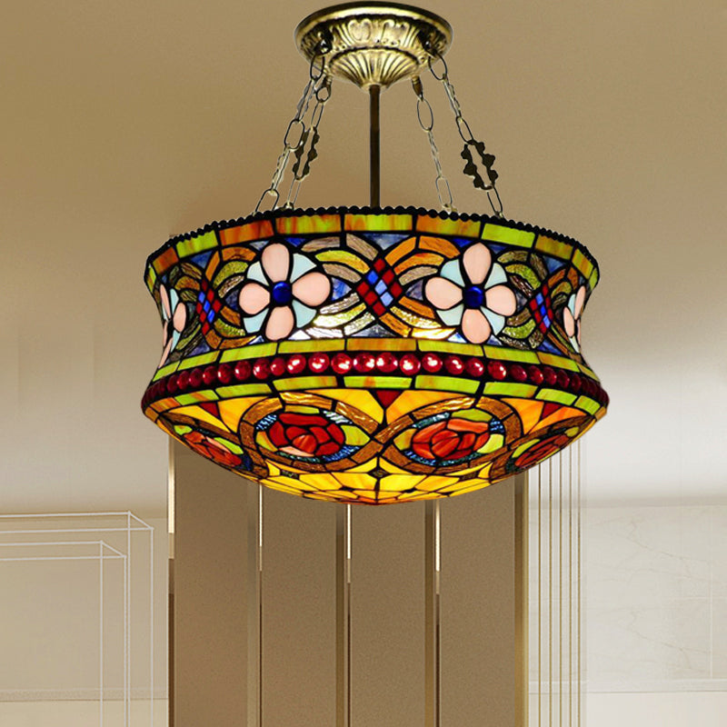 Traditional Tiffany Rose Flower Pattern Stained Glass Cylinder 5-Light Chandelier For Living Room