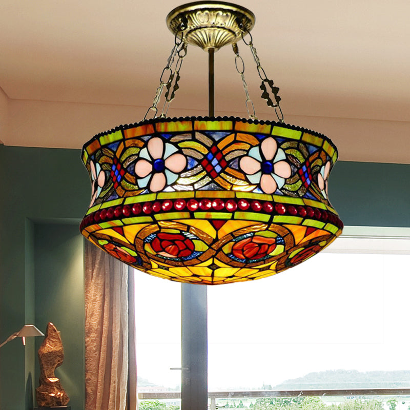 Traditional Tiffany Rose Flower Pattern Stained Glass Cylinder 5-Light Chandelier For Living Room