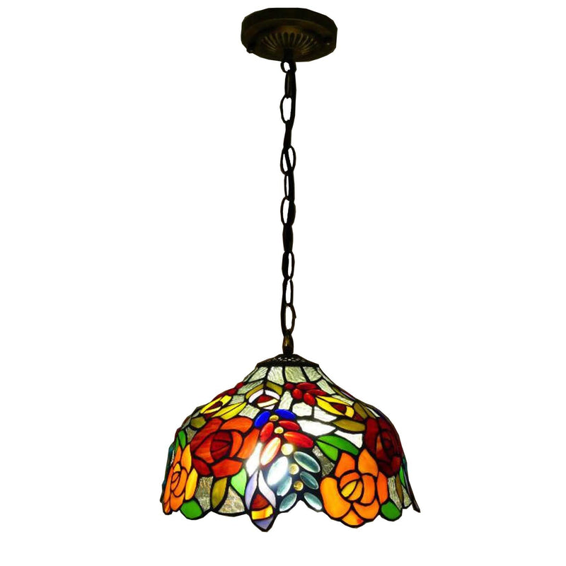 Traditional Tiffany Grape Rose Flower Pattern Stained Glass Round 2/3-Light Chandelier For Living Room