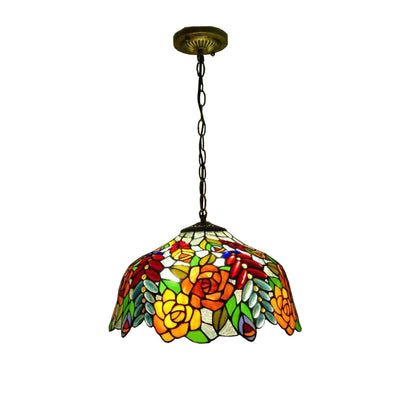 Traditional Tiffany Grape Rose Flower Pattern Stained Glass Round 2/3-Light Chandelier For Living Room