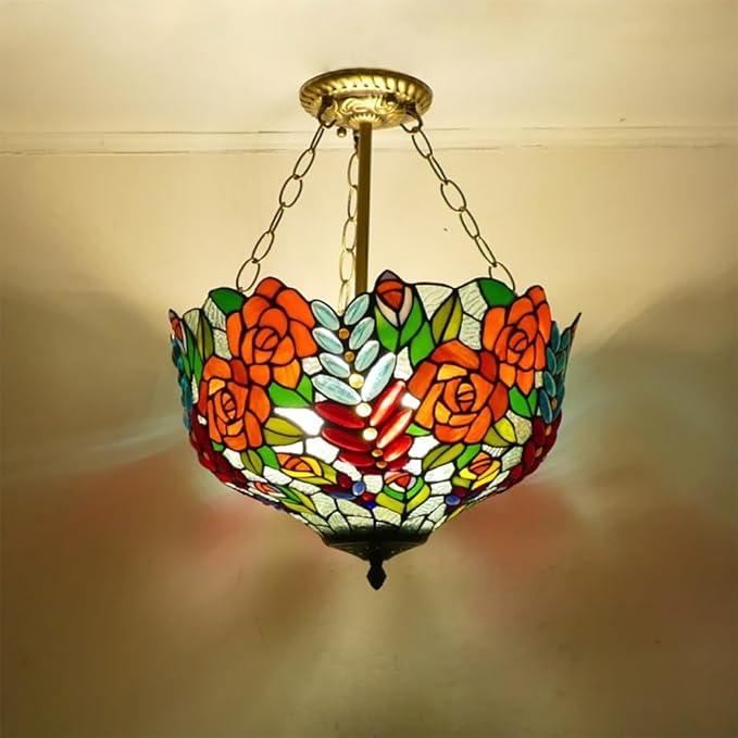 Traditional Tiffany Grape Rose Flower Pattern Stained Glass Round 2/3-Light Chandelier For Living Room