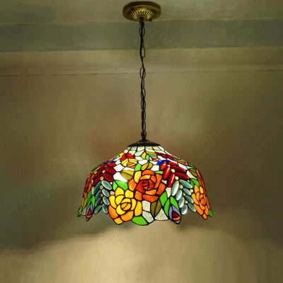 Traditional Tiffany Grape Rose Flower Pattern Stained Glass Round 2/3-Light Chandelier For Living Room