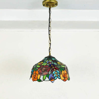 Traditional Tiffany Grape Rose Flower Pattern Stained Glass Round 2/3-Light Chandelier For Living Room