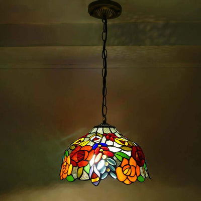 Traditional Tiffany Grape Rose Flower Pattern Stained Glass Round 2/3-Light Chandelier For Living Room