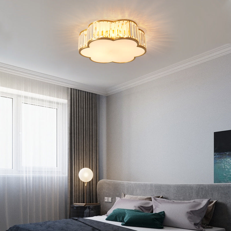 Contemporary Luxury Full Copper Frame Crystal Flower Shade 3/4-Light Flush Mount Ceiling Light For Bedroom