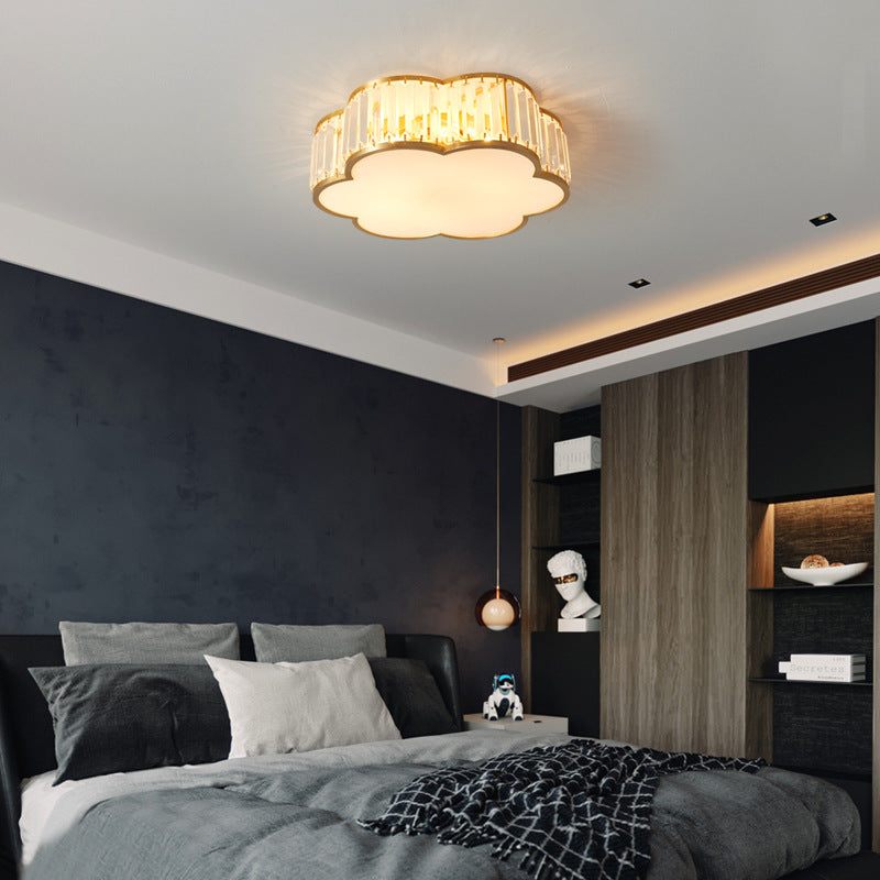 Contemporary Luxury Full Copper Frame Crystal Flower Shade 3/4-Light Flush Mount Ceiling Light For Bedroom