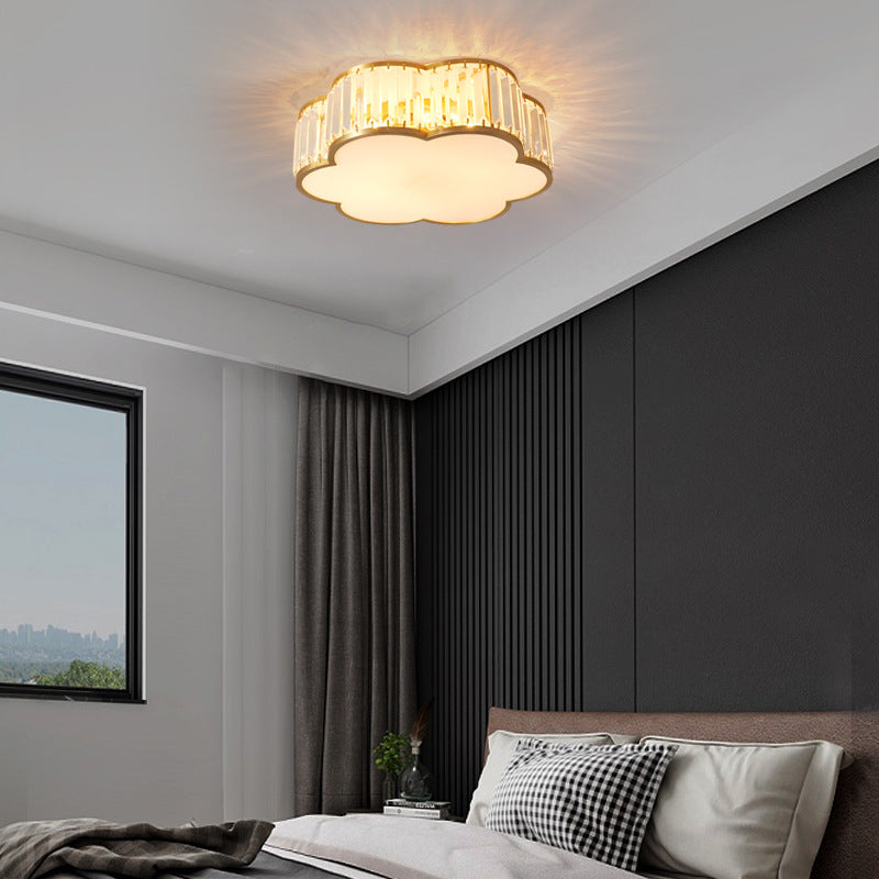 Contemporary Luxury Full Copper Frame Crystal Flower Shade 3/4-Light Flush Mount Ceiling Light For Bedroom