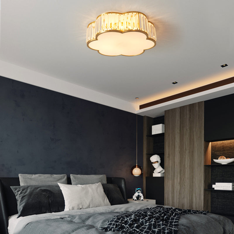 Contemporary Luxury Full Copper Frame Crystal Flower Shade 3/4-Light Flush Mount Ceiling Light For Bedroom