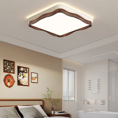 Traditional Japanese Corrugated Iron Imitation Wood Grain Acrylic LED Flush Mount Ceiling Light For Bedroom