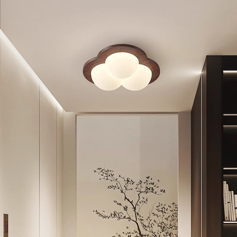 Contemporary Nordic Bubble Star PE Shade Walnut Wood Grain LED Flush Mount Ceiling Light For Bedroom