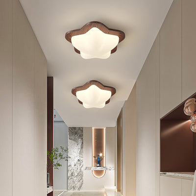 Contemporary Nordic Bubble Star PE Shade Walnut Wood Grain LED Flush Mount Ceiling Light For Bedroom