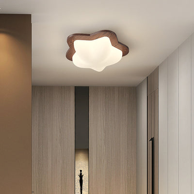 Contemporary Nordic Bubble Star PE Shade Walnut Wood Grain LED Flush Mount Ceiling Light For Bedroom