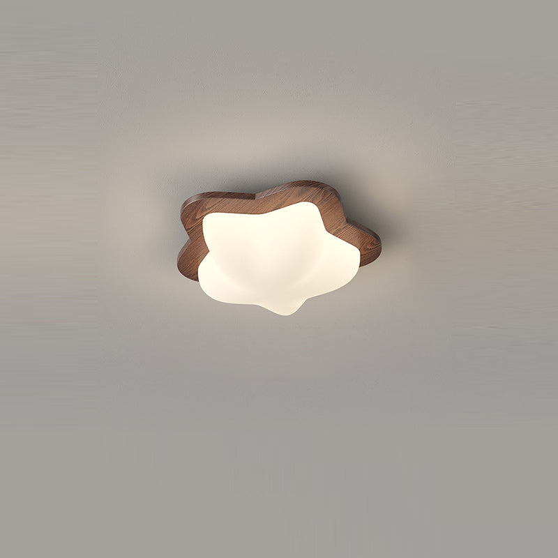 Contemporary Nordic Bubble Star PE Shade Walnut Wood Grain LED Flush Mount Ceiling Light For Bedroom