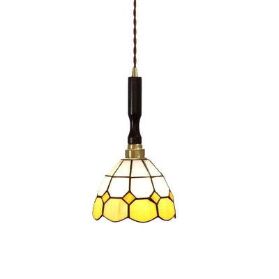 Traditional Tiffany Checkered Patchwork Stained Glass Brass 1-Light Pendant Light For Bedroom