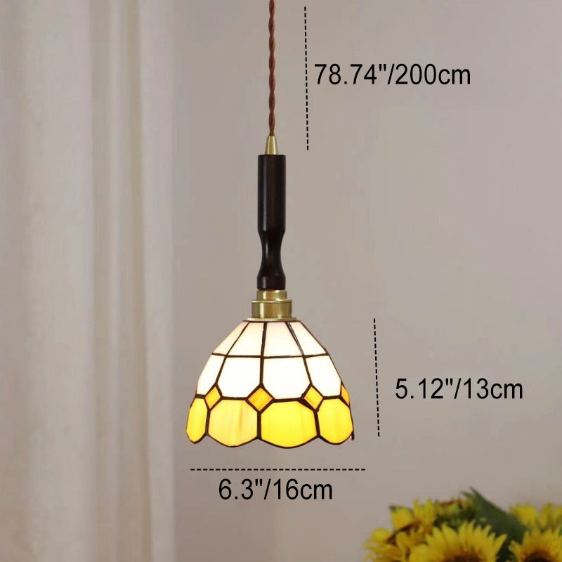 Traditional Tiffany Checkered Patchwork Stained Glass Brass 1-Light Pendant Light For Bedroom