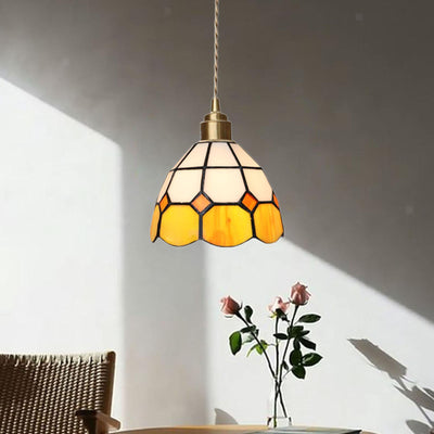 Traditional Tiffany Checkered Patchwork Stained Glass Brass 1-Light Pendant Light For Bedroom