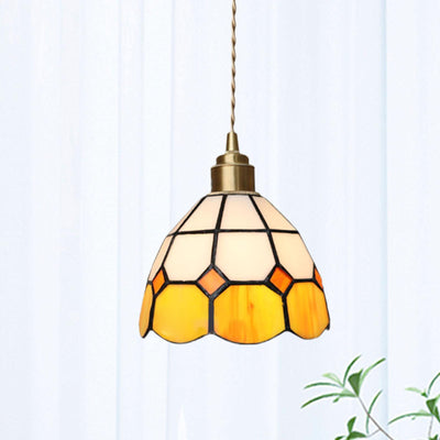 Traditional Tiffany Checkered Patchwork Stained Glass Brass 1-Light Pendant Light For Bedroom