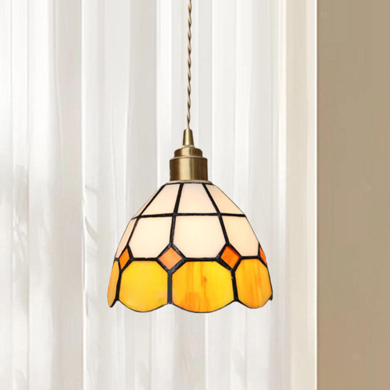 Traditional Tiffany Checkered Patchwork Stained Glass Brass 1-Light Pendant Light For Bedroom