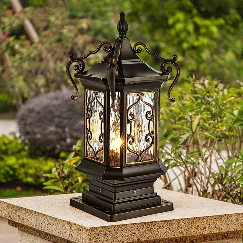 Traditional European Cubic Water Ripple Glass Aluminum Carving Frame 1-Light Outdoor Post Light For Garden