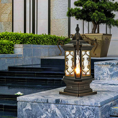 Traditional European Cubic Water Ripple Glass Aluminum Carving Frame 1-Light Outdoor Post Light For Garden