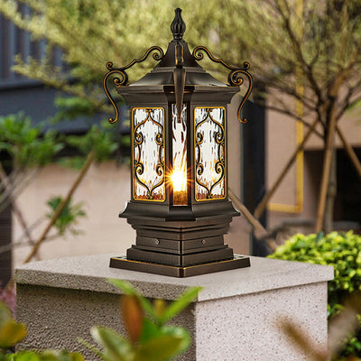 Traditional European Cubic Water Ripple Glass Aluminum Carving Frame 1-Light Outdoor Post Light For Garden