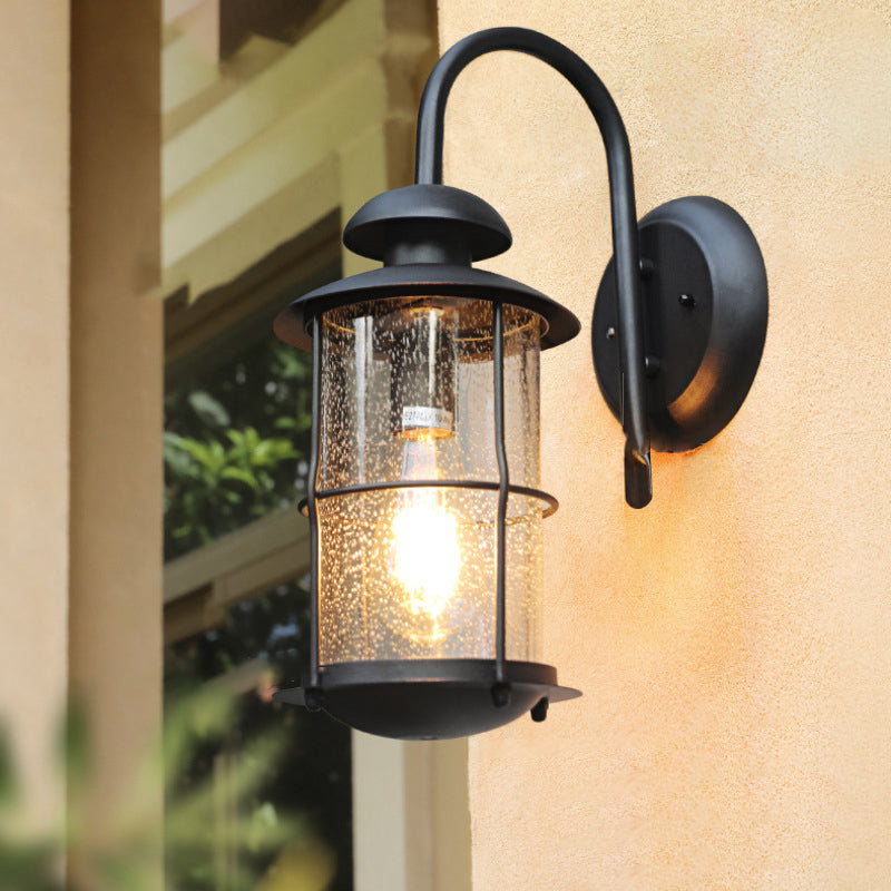 Contemporary Simplicity Iron Frame Glass Cylinder 1-Light Outdoor Waterproof Wall Sconce Lamp For Garden